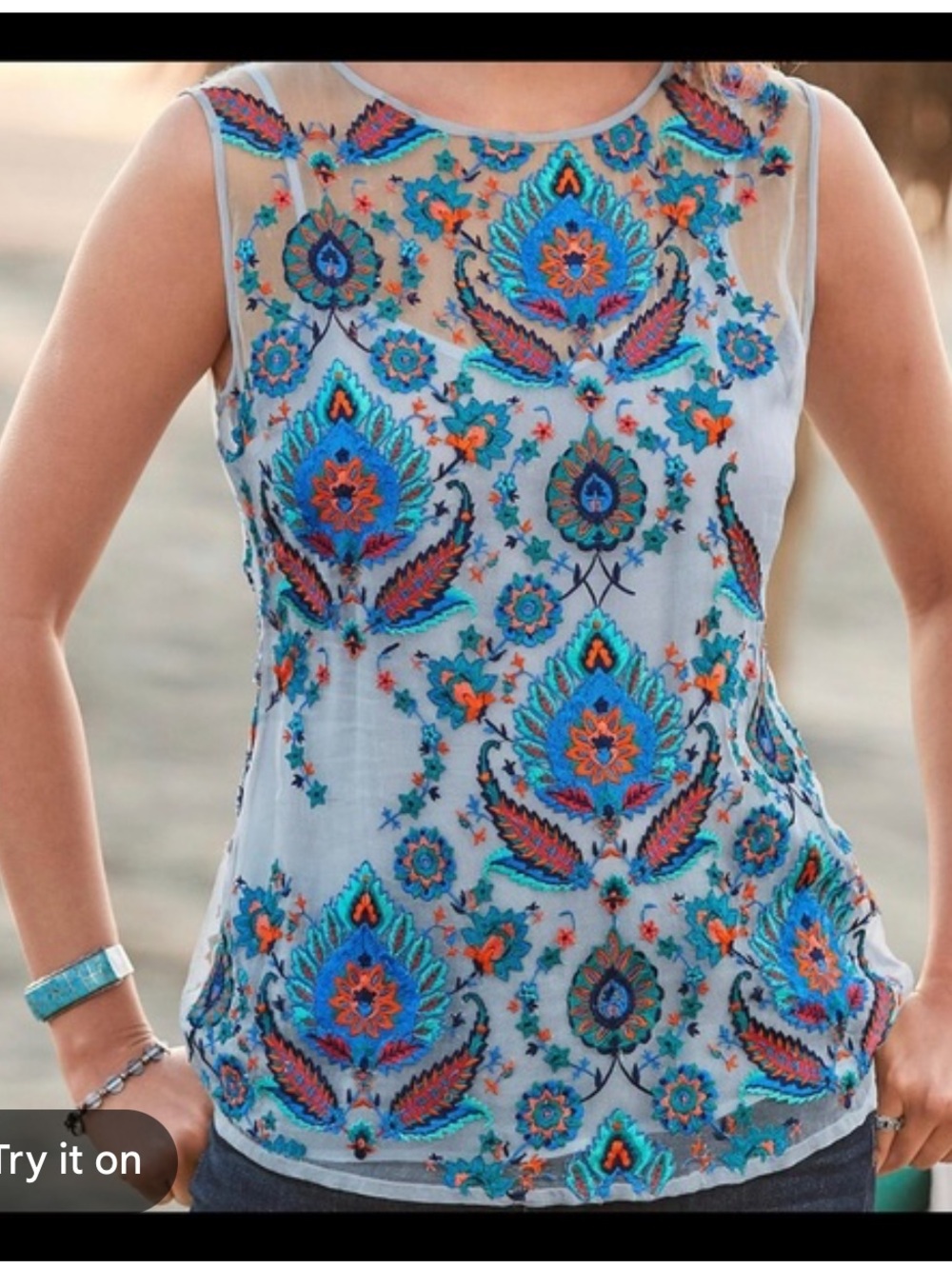 Sundance Embroidered Mesh Sleeveless Floral Top Gray Blue XS Boho